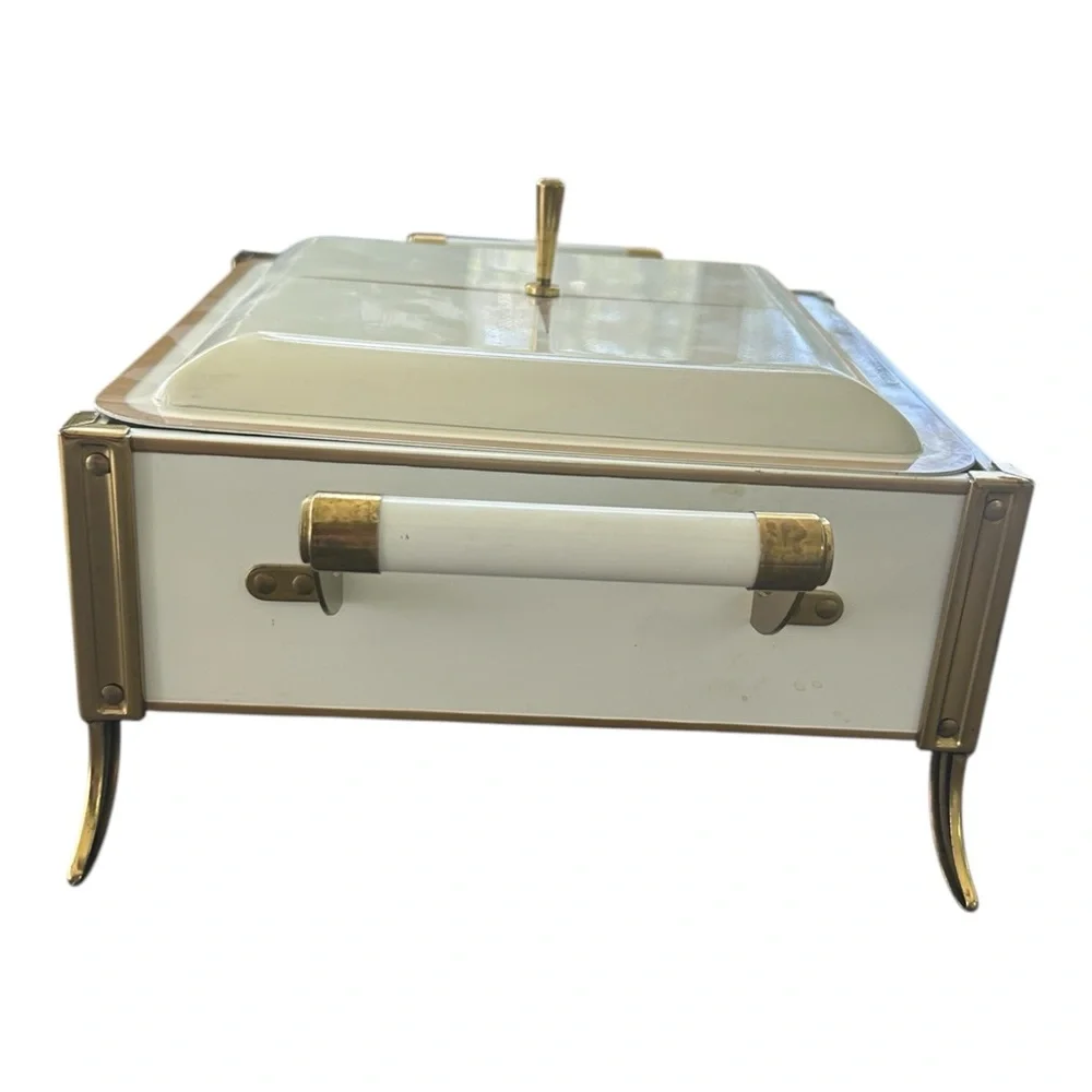VTG MCM Atomic Chafing Dish Warmer Off White Gold Enamel Footed 9x9 Retro READ